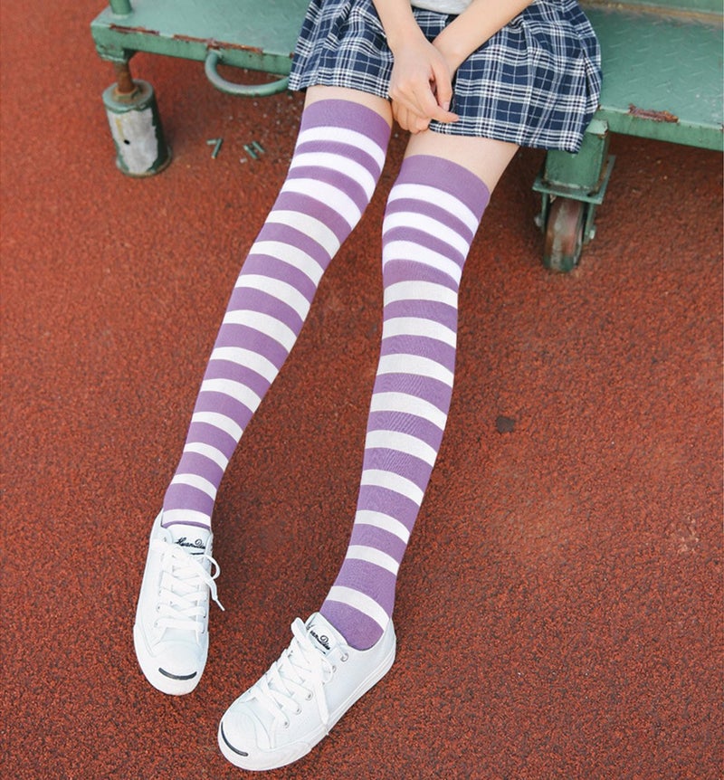 DAZCOS Striped Thigh High Socks Elastic Over The Knee Knit Stockings for Daily or Anime Cosplay (Purple+White) - Image 4
